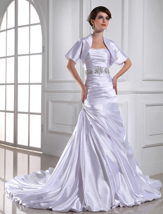 Elastic Trumpet/Mermaid Beading Sleeveless Strapless Woven Applique Satin Wedding Dresses