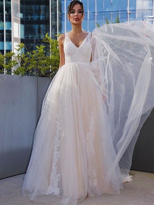 V-neck Applique A-Line/Princess Tulle Sweep/Brush Sleeveless Train Wedding Dresses