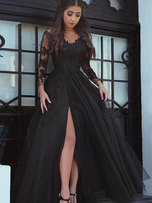 Sleeves Off-the-Shoulder Ball Floor-Length Long Gown Tulle Applique Dresses