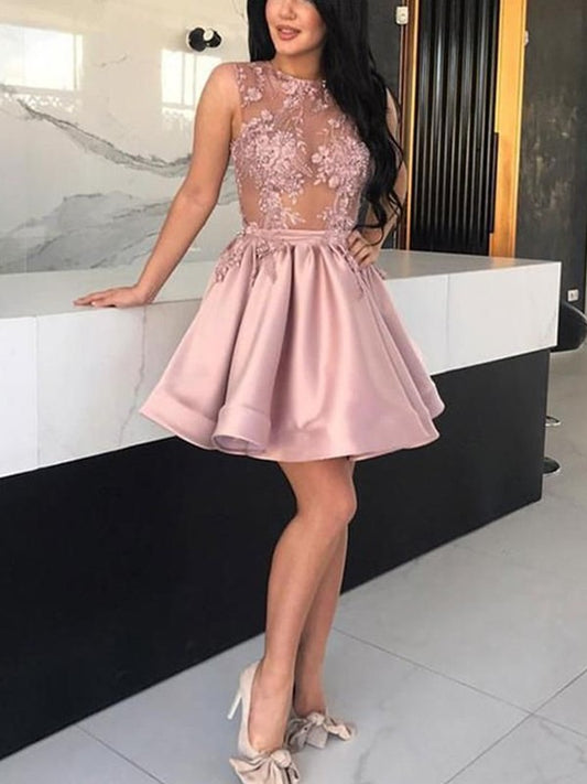 Neck Satin Sleeveless A-Line/Princess Sheer Applique Short/Mini Homecoming Dresses