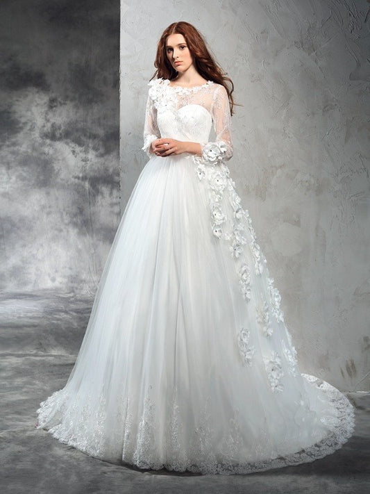 Ball Sheer Long Sleeves Gown Hand-Made Long Neck Flower Net Wedding Dresses