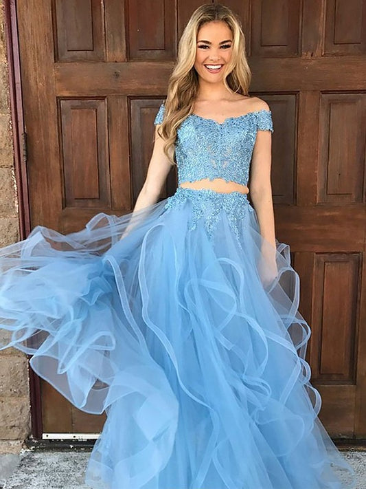 A-Line/Princess Tulle Floor-Length Sleeveless Off-the-Shoulder Applique Two Piece Dresses