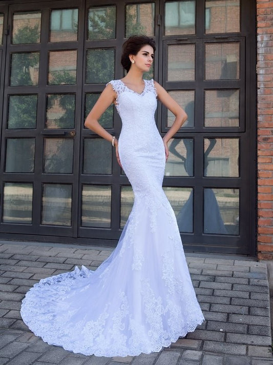 Trumpet/Mermaid Long V-neck Sleeveless Applique Satin Wedding Dresses