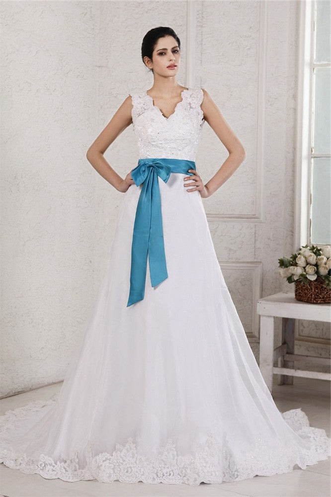 V-neck Sleeveless Sash A-Line/Princess Organza Applique Long Satin Wedding Dresses