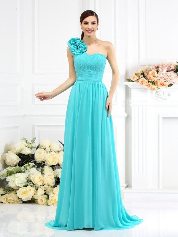 One-Shoulder Long A-Line/Princess Sleeveless Pleats Chiffon Bridesmaid Dresses