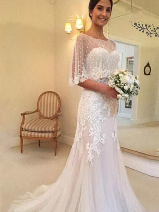 Sweep/Brush Applique Sheath/Column Sweetheart Sleeveless Tulle Train Wedding Dresses