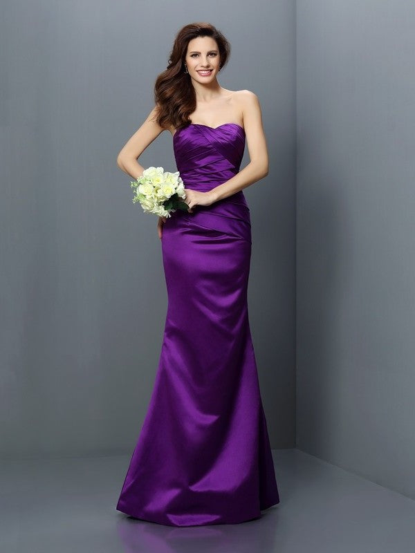 Pleats Sleeveless Trumpet/Mermaid Strapless Long Satin Bridesmaid Dresses