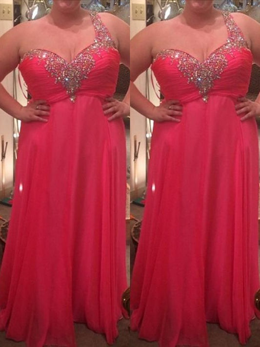 A-Line/Princess Floor-Length Sleeveless One-Shoulder Beading Chiffon Plus Size Dresses