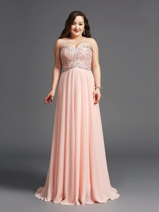 A-Line/Princess Sleeveless Chiffon Long Beading Sweetheart Plus Size Dresses