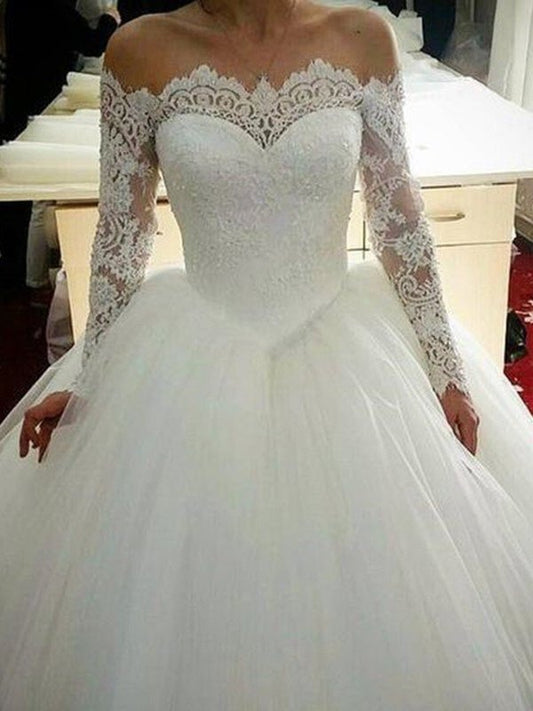 Gown Long Applique Tulle Off-the-Shoulder Ball Sleeves Sweep/Brush Train Wedding Dresses