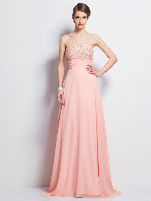 Sleeveless A-Line/Princess Sweetheart Beading Long Chiffon Dresses