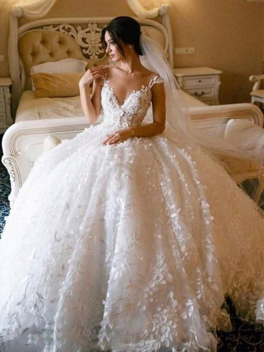 Tulle Gown Sleeveless Floor-Length Ball V-neck Applique Wedding Dresses