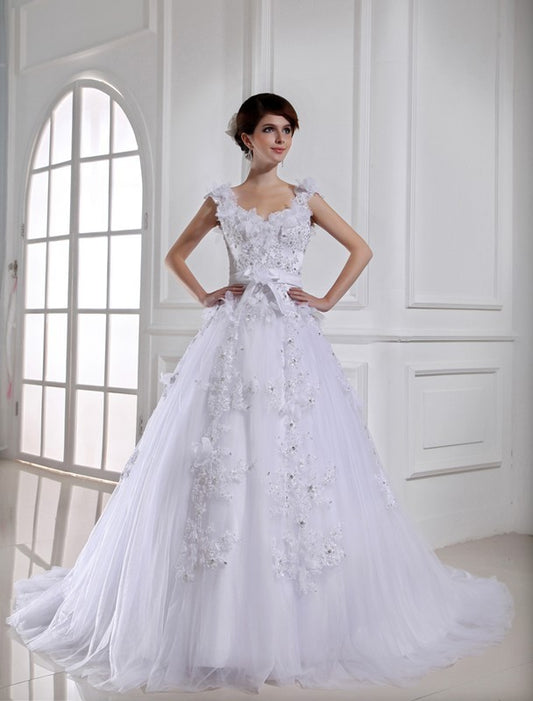 Strapless Gown Long Ball Beading Tulle Satin Sleeveless Wedding Dresses