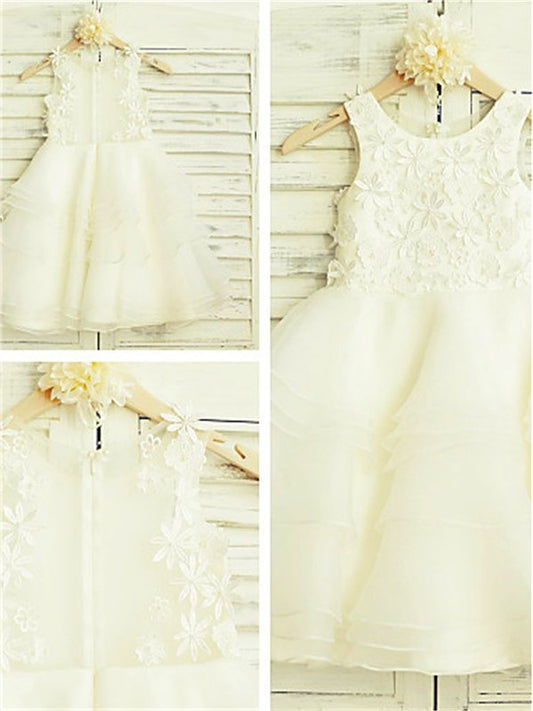 A-line/Princess Scoop Lace Tea-Length Tulle Sleeveless Flower Girl Dresses