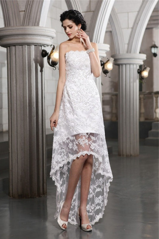 Beading Sleeveless Strapless Sheath/Column High Low Lace Wedding Dresses