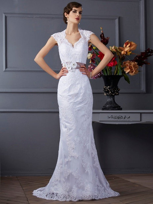 Applique Sleeveless Long Trumpet/Mermaid Satin Wedding Dresses