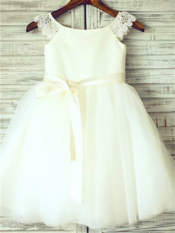 A-line/Princess Sash/Ribbon/Belt Scoop Tulle Knee-Length Sleeveless Flower Girl Dresses