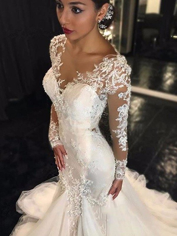 V-neck Lace Sleeves Long Trumpet/Mermaid Train Court Tulle Wedding Dresses