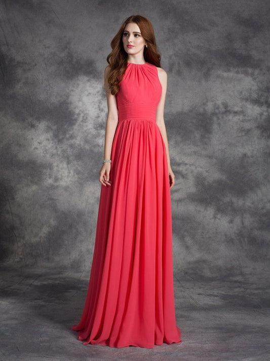 A-line/Princess Long Jewel Sleeveless Ruffles Chiffon Bridesmaid Dresses