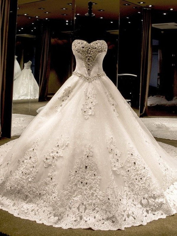 Gown Sequin Ball Train Applique Sleeveless Sweetheart Cathedral Tulle Wedding Dresses