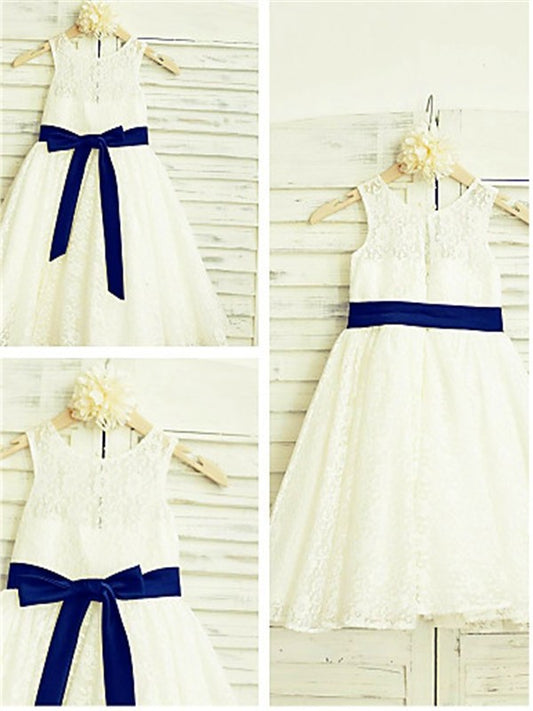 Tea-Length Bowknot Sleeveless Lace A-line/Princess Scoop Flower Girl Dresses