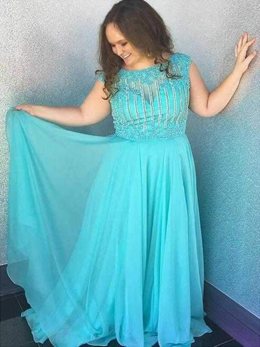 Sleeveless Sweep/Brush A-Line/Princess Train Chiffon Bateau Beading Plus Size Dresses