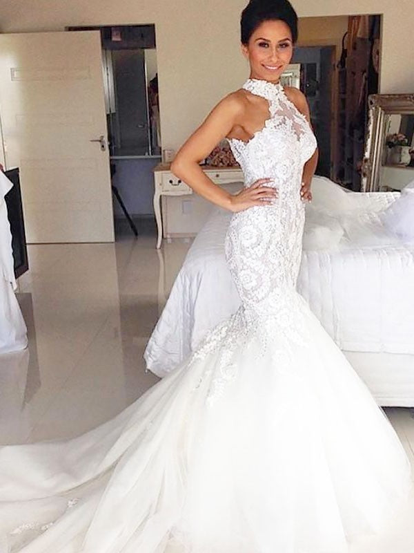 Trumpet/Mermaid Tulle Halter Court Train Sleeveless Wedding Dresses