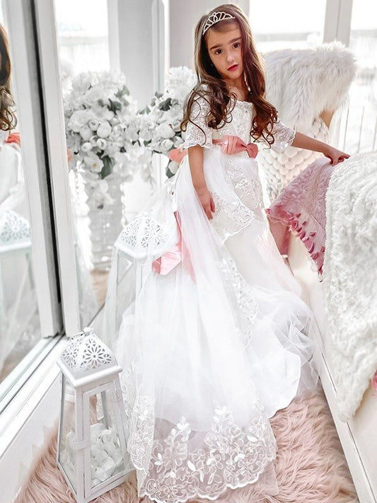 Sash/Ribbon/Belt Tulle Sweep/Brush Off-the-Shoulder 1/2 Train Sleeves A-Line/Princess Flower Girl Dresses