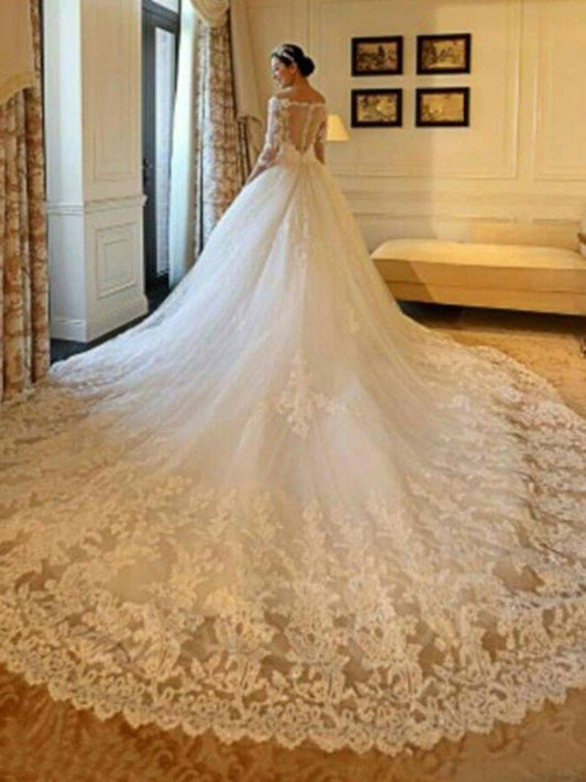 Beading Cathedral Sleeves Ball Off-the-Shoulder Gown Train 3/4 Applique Tulle Wedding Dresses