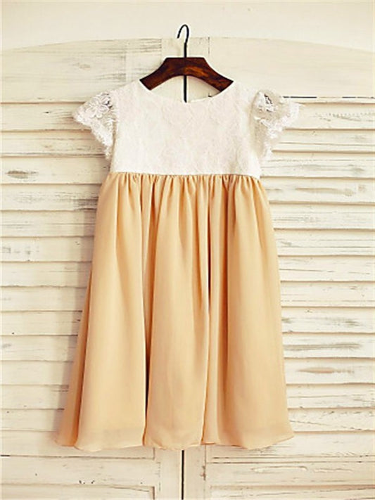 Scoop Tea-Length Chiffon A-line/Princess Sleeves Short Flower Girl Dresses