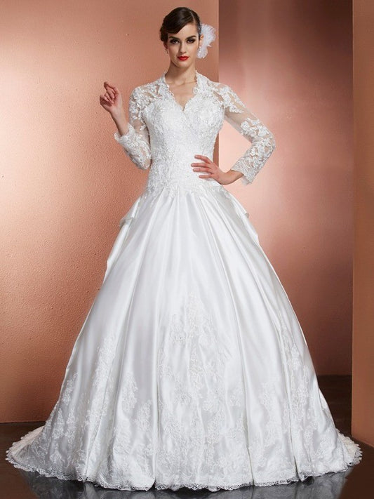 A-Line/Princess Sleeves Long Long V-neck Applique Satin Wedding Dresses