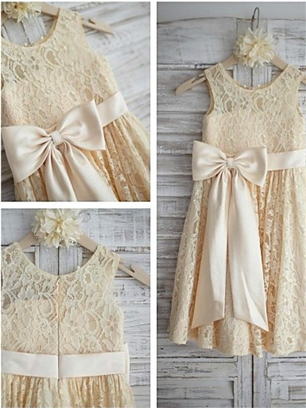 Lace Sleeveless Bowknot A-line/Princess Knee-Length Scoop Flower Girl Dresses