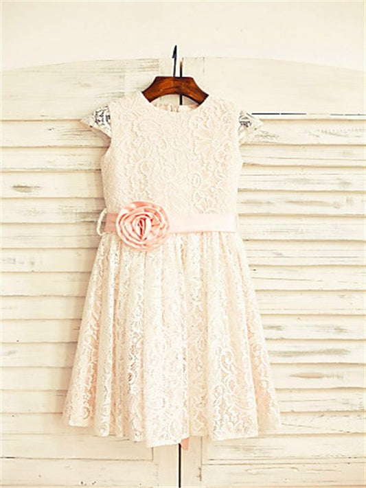 A-line/Princess Flower Short Scoop Hand-made Tea-Length Lace Sleeves Flower Girl Dresses