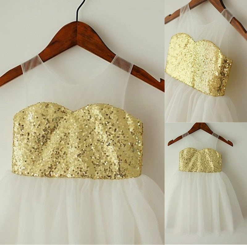 A-line/Princess Tea-Length Scoop Tulle Sleeveless Sequin Flower Girl Dresses