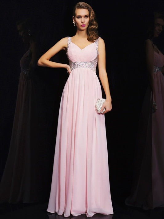 V-neck Beading A-Line/Princess Sleeveless Long Chiffon Dresses