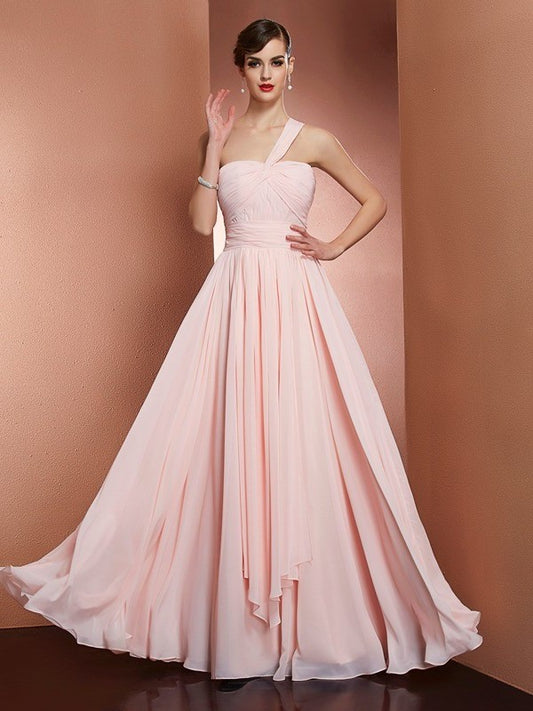 A-Line/Princess Sleeveless Pleats One-Shoulder Long Chiffon Dresses