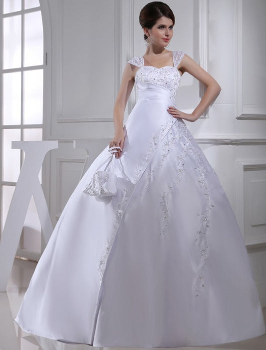 Long Ball Beading Straps Gown Sleeveless Satin Wedding Dresses