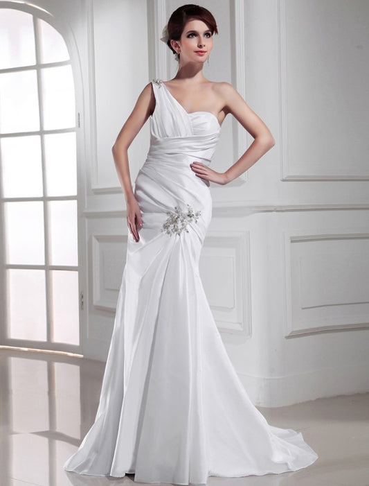 Trumpet/Mermaid One-shoulder Beading Sleeveless Satin Long Wedding Dresses