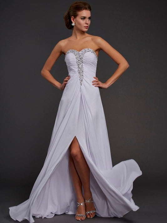 Sheath/Column Strapless Sleeveless Beading Long Chiffon Dresses