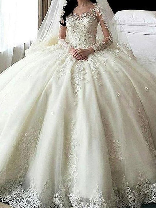 Cathedral Ball Scoop Applique Lace Sleeves Long Train Gown Tulle Wedding Dresses