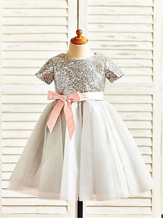 Sleeves Tulle Tea-Length Sequin A-line/Princess Scoop Short Flower Girl Dresses