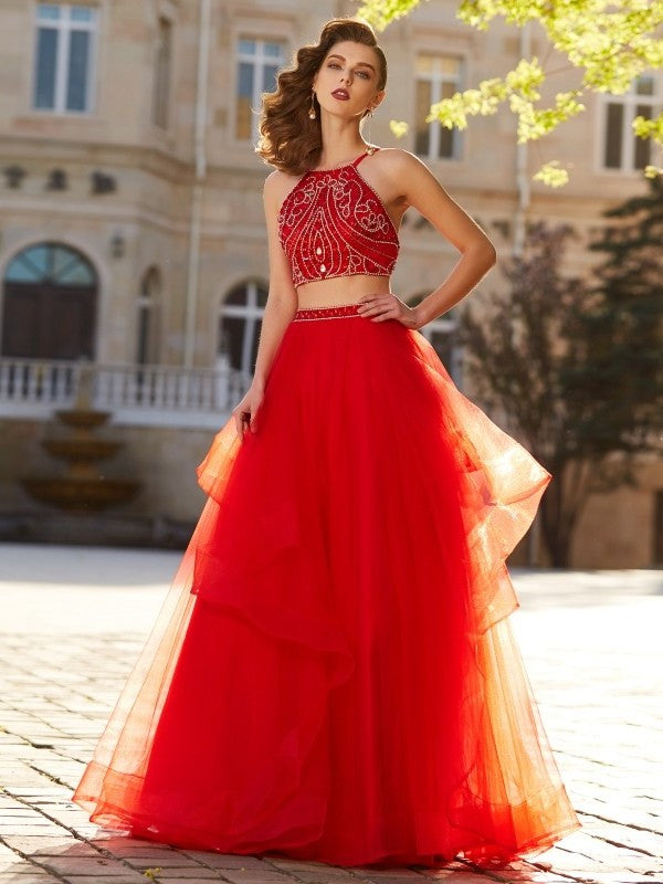 Floor-Length Beading Tulle Spaghetti Straps Sleeveless A-Line/Princess Two Piece Dresses