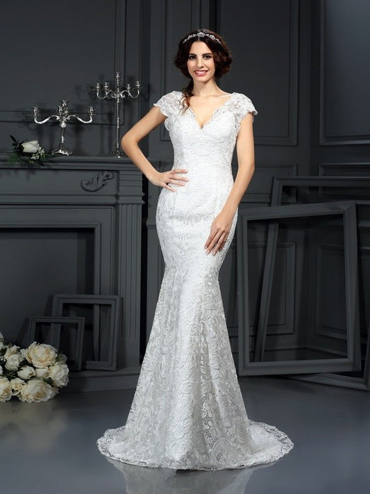 V-neck Trumpet/Mermaid Long Sleeveless Lace Lace Wedding Dresses