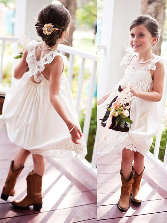 Sleeveless Lace Chiffon Knee-Length Square A-Line/Princess Flower Girl Dresses