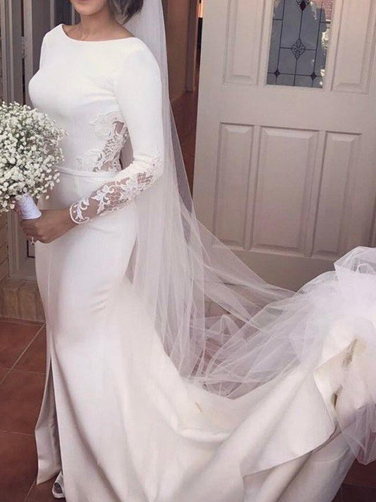 Trumpet/Mermaid Sleeves Lace Long Train Scoop Court Satin Wedding Dresses