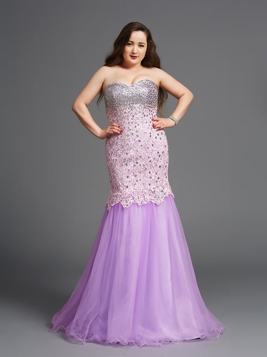 Sleeveless Long Trumpet/Mermaid Sweetheart Net Beading Plus Size Dresses