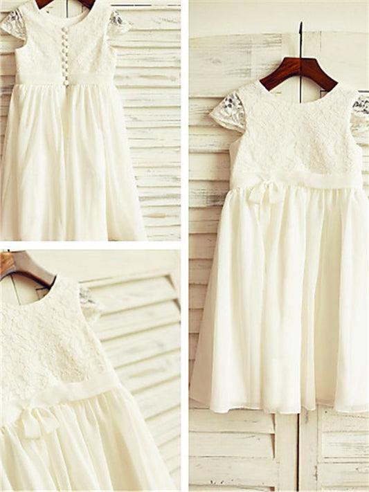 Lace Sleeves A-line/Princess Tea-Length Short Chiffon Scoop Flower Girl Dresses