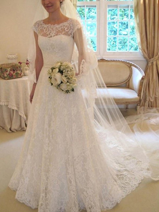 Square Applique Short Train A-Line/Princess Court Sash/Ribbon/Belt Sleeves Lace Wedding Dresses