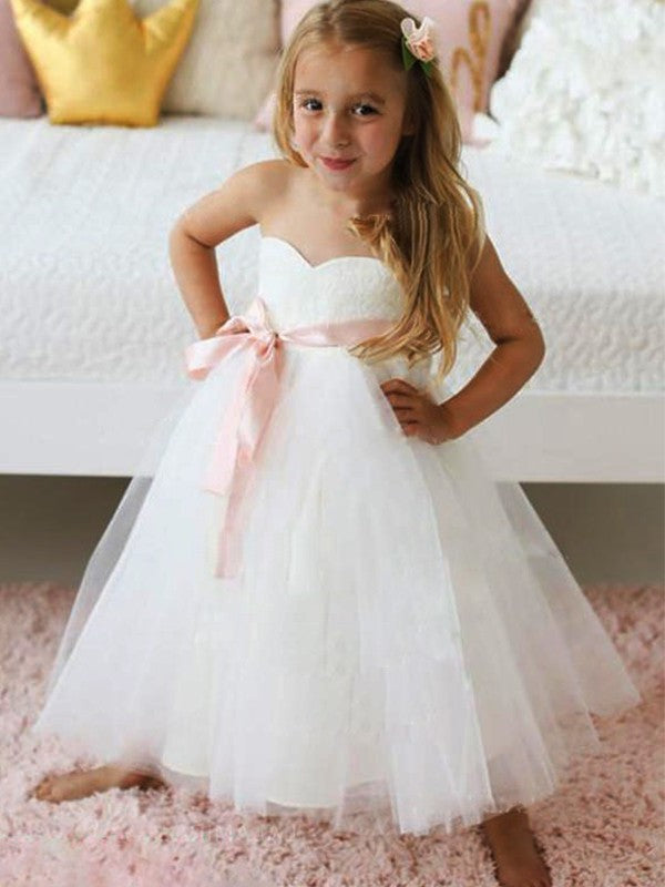 Sash/Ribbon/Belt Sweetheart Tulle Ankle-Length Sleeveless A-Line/Princess Flower Girl Dresses