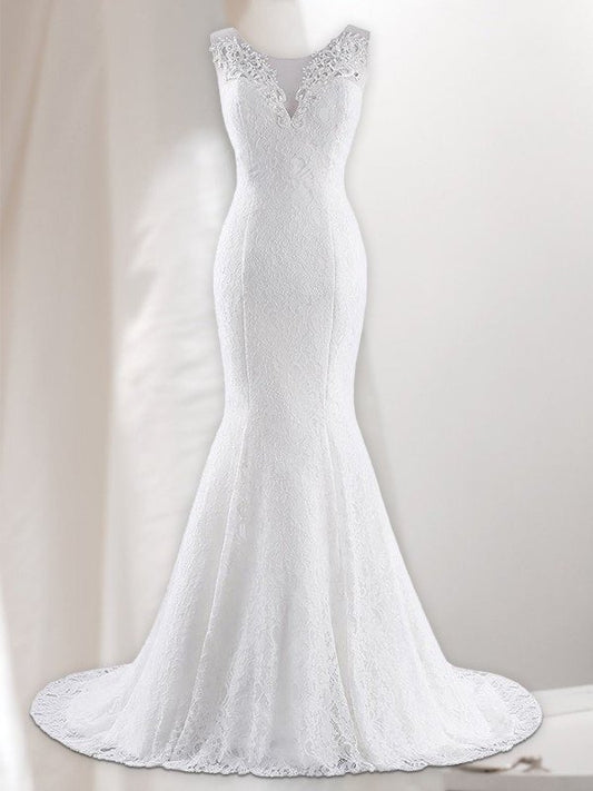 Trumpet/Mermaid Lace Sleeveless Sweep/Brush V-neck Train Wedding Dresses